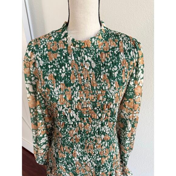 Ramy Brook NWT Lucia Green Floral Smocked Stretch Puff Sleeve Mini Dress Medium - Picture 3 of 14